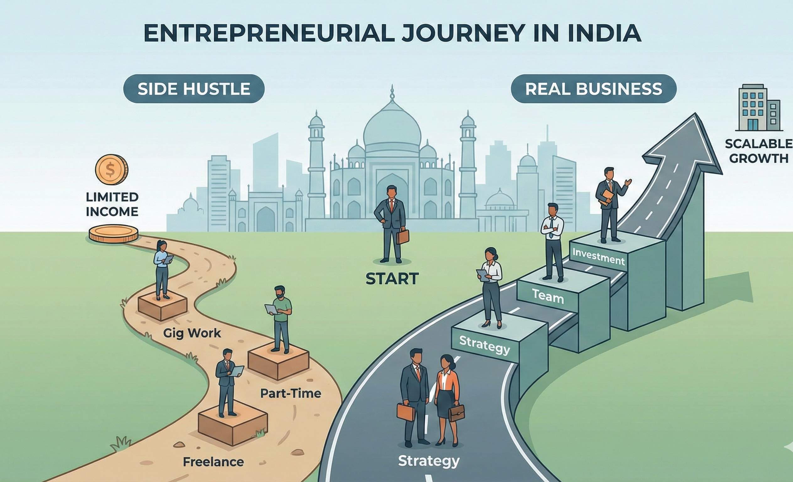 Side hustle vs real business comparison showing income and scalability differences
